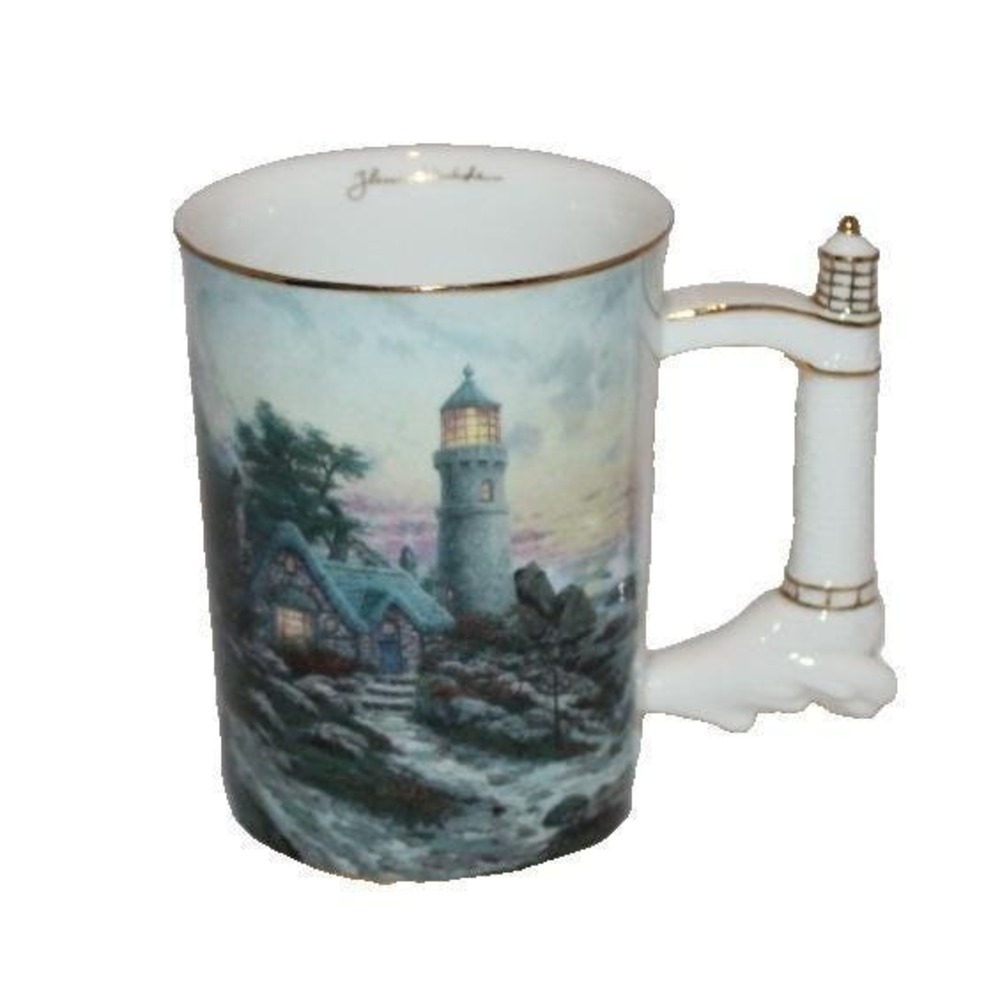 VTG 2003 Thomas Kinkaid Cottage Shore Lighthouse porcelain coffee mug #A1961